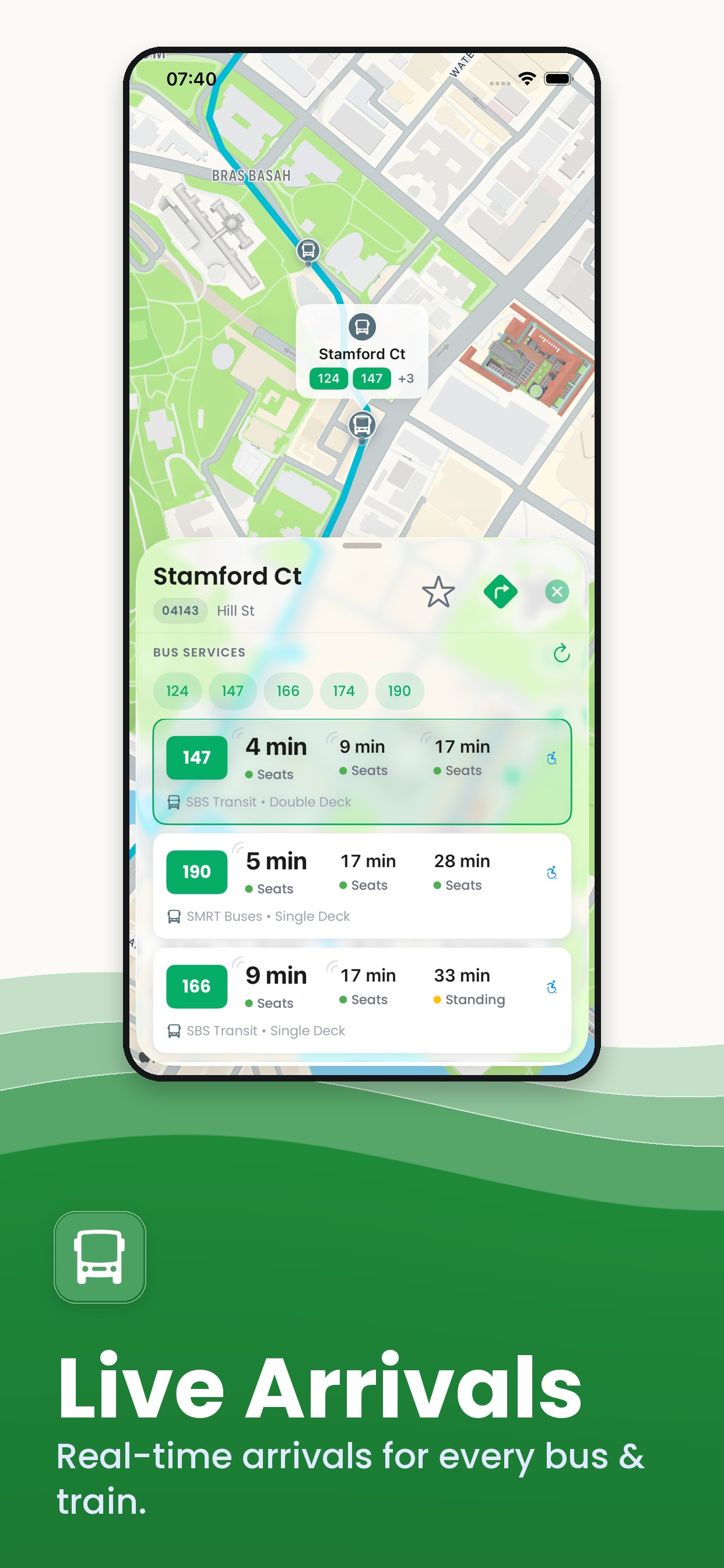 GoBus SG live bus arrival times for Stamford Ct stop with services 124, 147, 166 and seat availability