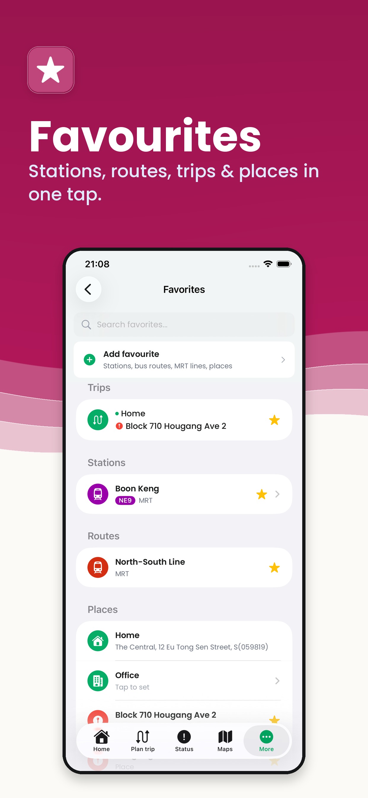 GoBus SG Favourites screen with starred stations, routes, trips and places like Home and Office