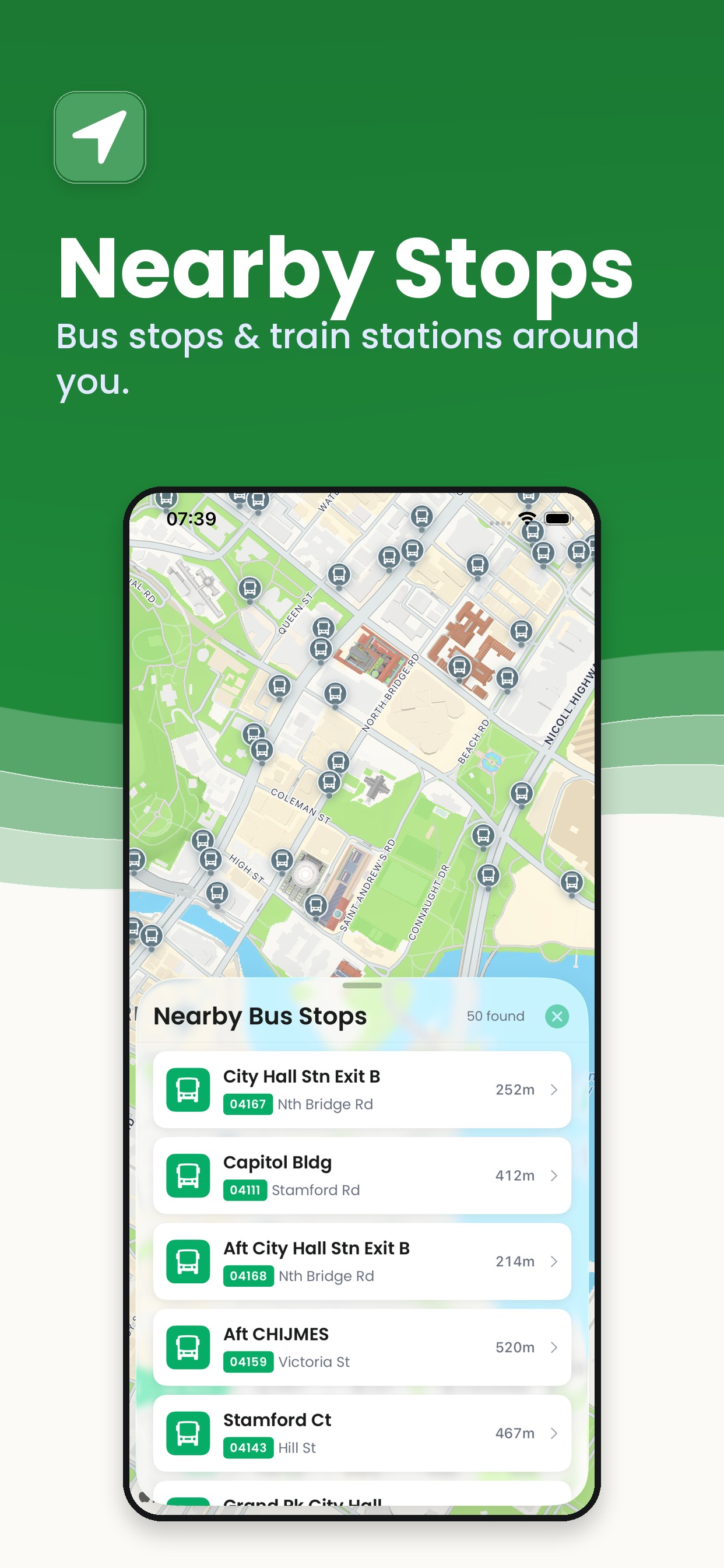 GoBus SG Nearby Stops screen on iPhone