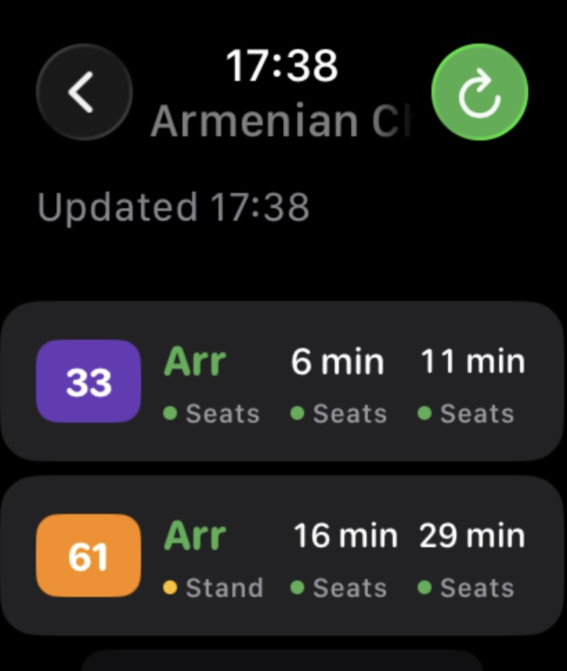 GoBus SG live bus arrivals on the watch — Armenian Ch stop, service 33 in 6 and 11 minutes, service 61 in 16 and 29 minutes