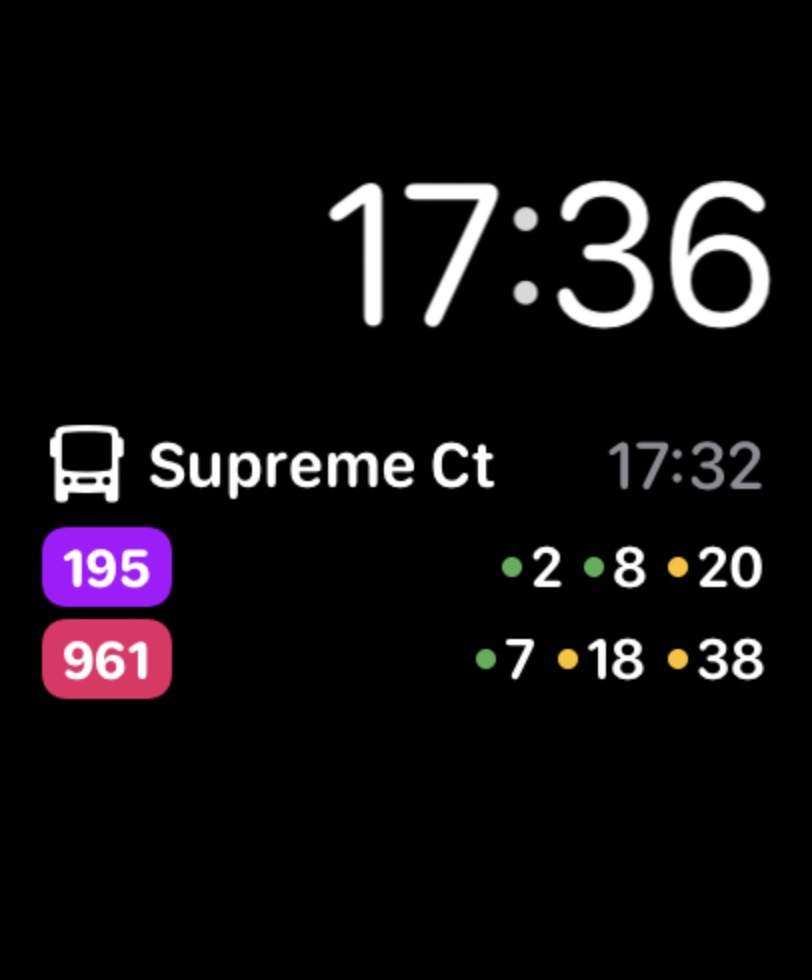 GoBus SG Smart Stack widget on the watch — Supreme Ct with services 195 and 961 and their next arrivals