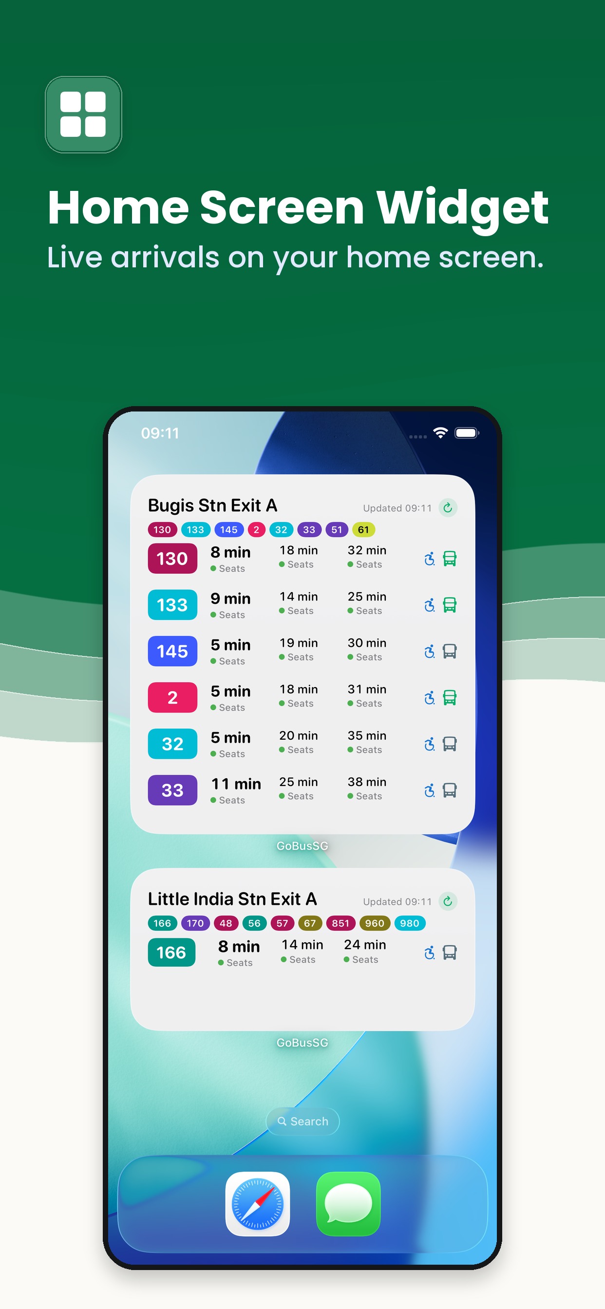 GoBus SG home-screen widget showing live arrivals for Bugis Stn Exit A and Little India Stn Exit A on an iPhone home screen