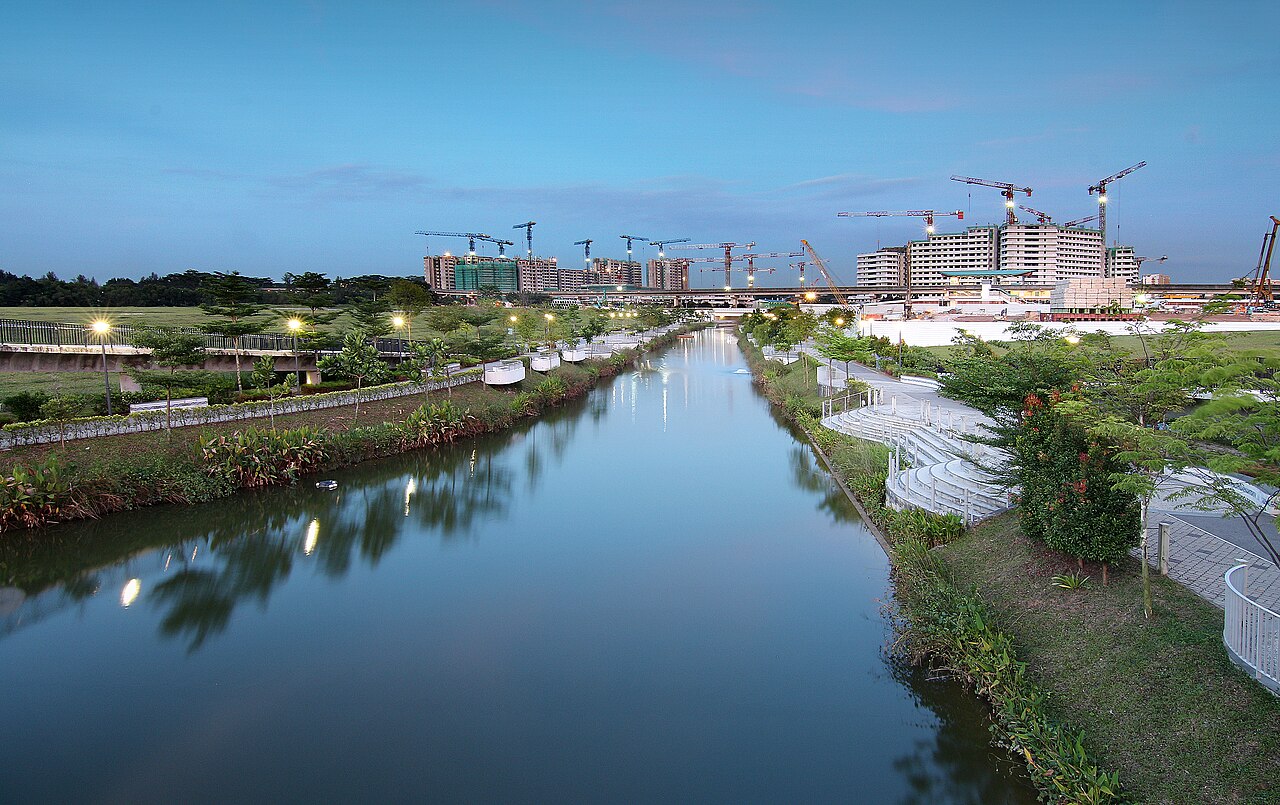 The central waterway and landscaped banks of Punggol Waterway Park in Singapore