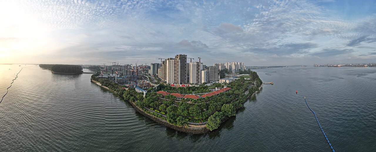 Aerial view of Punggol Point Park and Punggol Settlement waterfront from the Johor Strait