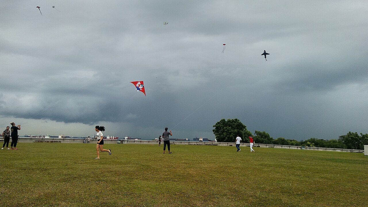 People flying kites on the grass rooftop of Marina Barrage with the Singapore skyline behind